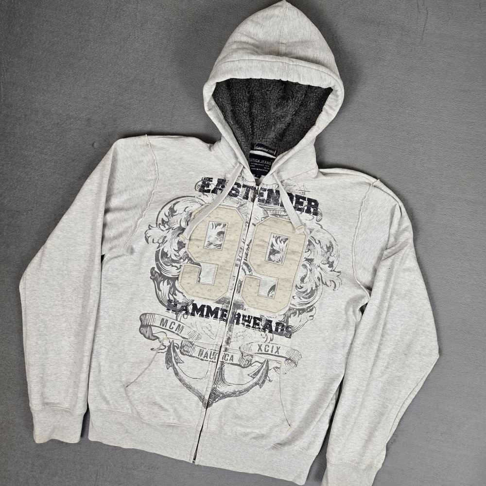 Vintage Nautica Jeans Co Hoodie Mens Large Gray Full Zip Sherpa Y2K Mallcore